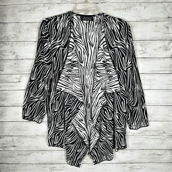 Kasper Black & White Open Front Draped Cardigan Sweater Cotton Viscose Size XL - Picture 2 of 6